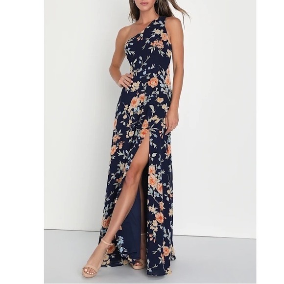 Lulus Dresses & Skirts - Lulus Elegant Admiration One Shoulder Maxi Dress Womens Medium Navy Blue Floral